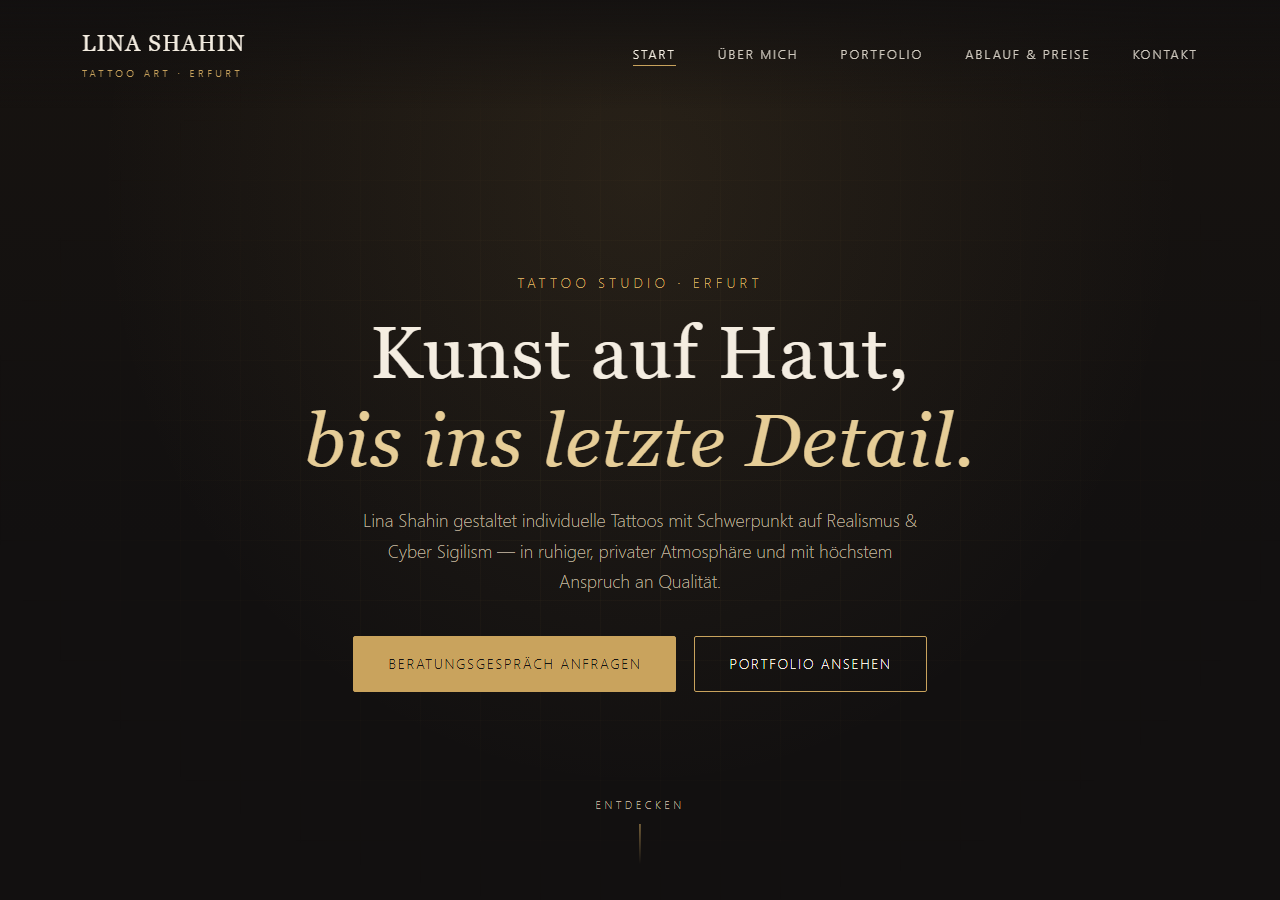 Startseite der Website für Lina Shahin Tattoo